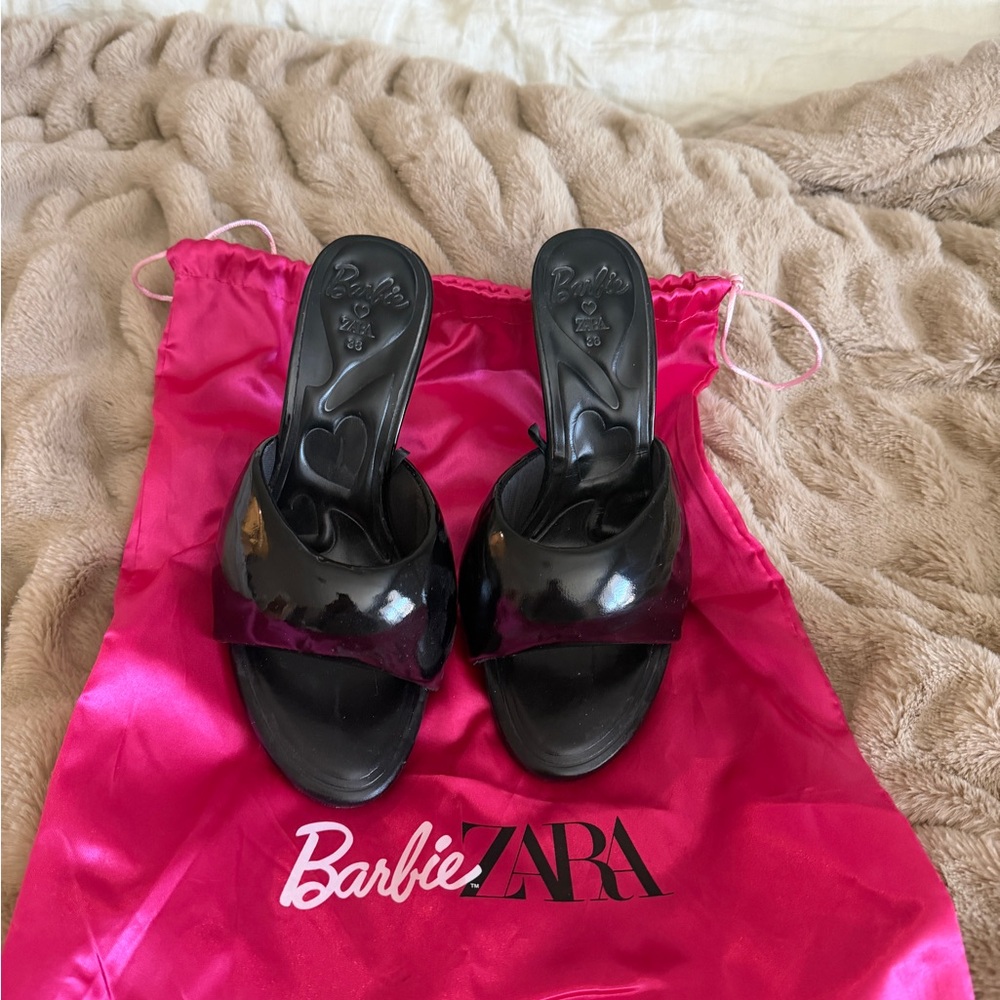 Zara Black Patent Slide Mules with Barbie Dust Bag